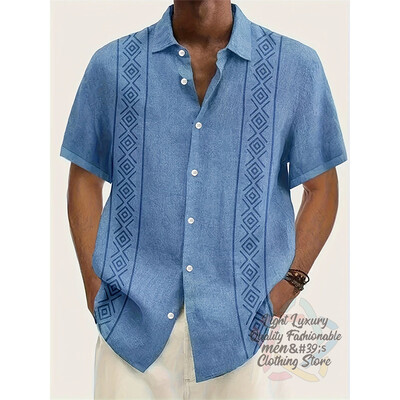 Vyriški marškiniai, lininiai vasaros laisvalaikio atostogos paplūdimyje, vyriški marškiniai trumpomis rankovėmis, madingi dryžuota rašto viršutinė trumparankovė