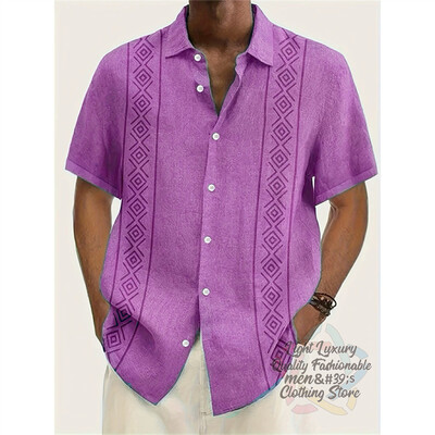 Vyriški marškiniai, lininiai vasaros laisvalaikio atostogos paplūdimyje, vyriški marškiniai trumpomis rankovėmis, madingi dryžuota rašto viršutinė trumparankovė
