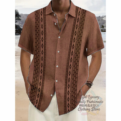 Vyriški marškiniai, lininiai vasaros laisvalaikio atostogos paplūdimyje, vyriški marškiniai trumpomis rankovėmis, madingi dryžuota rašto viršutinė trumparankovė