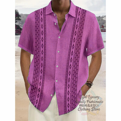 Vyriški marškiniai, lininiai vasaros laisvalaikio atostogos paplūdimyje, vyriški marškiniai trumpomis rankovėmis, madingi dryžuota rašto viršutinė trumparankovė