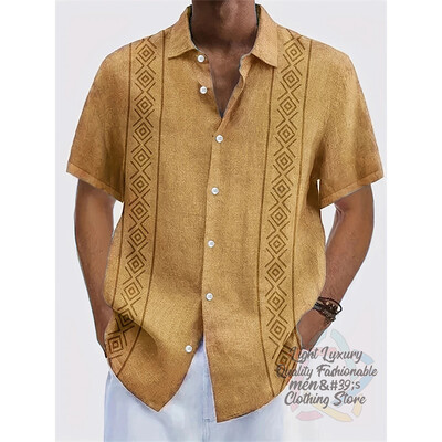 Vyriški marškiniai, lininiai vasaros laisvalaikio atostogos paplūdimyje, vyriški marškiniai trumpomis rankovėmis, madingi dryžuota rašto viršutinė trumparankovė