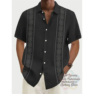 Vyriški marškiniai, lininiai vasaros laisvalaikio atostogos paplūdimyje, vyriški marškiniai trumpomis rankovėmis, madingi dryžuota rašto viršutinė trumparankovė