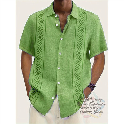 Vyriški marškiniai, lininiai vasaros laisvalaikio atostogos paplūdimyje, vyriški marškiniai trumpomis rankovėmis, madingi dryžuota rašto viršutinė trumparankovė