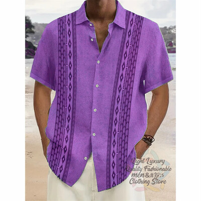 Vyriški marškiniai, lininiai vasaros laisvalaikio atostogos paplūdimyje, vyriški marškiniai trumpomis rankovėmis, madingi dryžuota rašto viršutinė trumparankovė