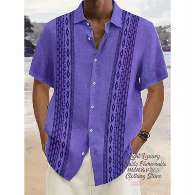 Vyriški marškiniai, lininiai vasaros laisvalaikio atostogos paplūdimyje, vyriški marškiniai trumpomis rankovėmis, madingi dryžuota rašto viršutinė trumparankovė