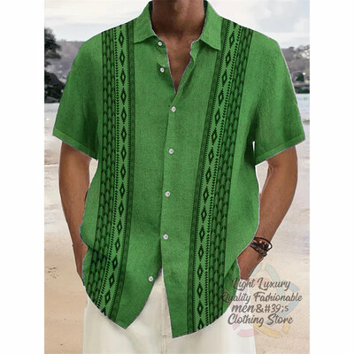 Vyriški marškiniai, lininiai vasaros laisvalaikio atostogos paplūdimyje, vyriški marškiniai trumpomis rankovėmis, madingi dryžuota rašto viršutinė trumparankovė