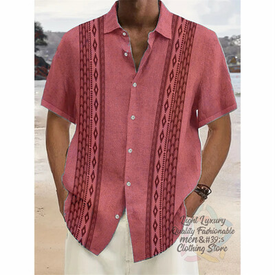 Vyriški marškiniai, lininiai vasaros laisvalaikio atostogos paplūdimyje, vyriški marškiniai trumpomis rankovėmis, madingi dryžuota rašto viršutinė trumparankovė