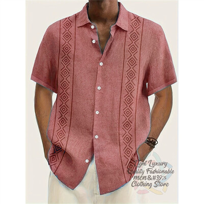 Vyriški marškiniai, lininiai vasaros laisvalaikio atostogos paplūdimyje, vyriški marškiniai trumpomis rankovėmis, madingi dryžuota rašto viršutinė trumparankovė