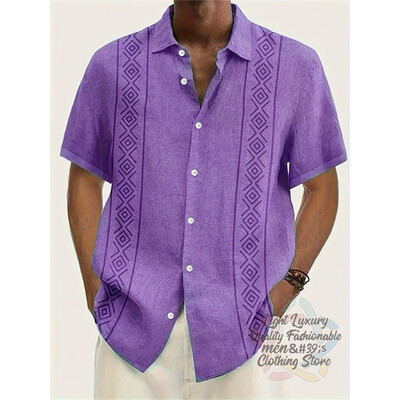 Vyriški marškiniai, lininiai vasaros laisvalaikio atostogos paplūdimyje, vyriški marškiniai trumpomis rankovėmis, madingi dryžuota rašto viršutinė trumparankovė