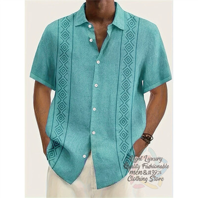 Vyriški marškiniai, lininiai vasaros laisvalaikio atostogos paplūdimyje, vyriški marškiniai trumpomis rankovėmis, madingi dryžuota rašto viršutinė trumparankovė