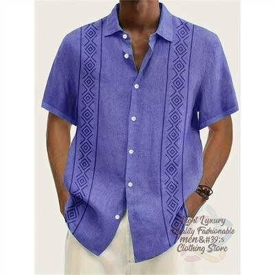 Vyriški marškiniai, lininiai vasaros laisvalaikio atostogos paplūdimyje, vyriški marškiniai trumpomis rankovėmis, madingi dryžuota rašto viršutinė trumparankovė