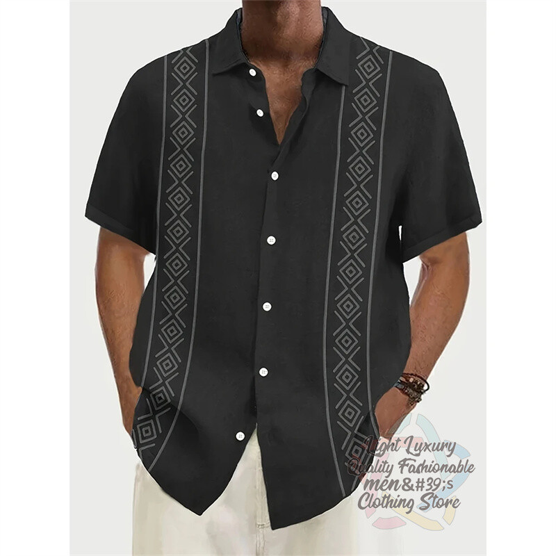 Vyriški marškiniai, lininiai vasaros laisvalaikio atostogos paplūdimyje, vyriški marškiniai trumpomis rankovėmis, madingi dryžuota rašto viršutinė trumparankovė