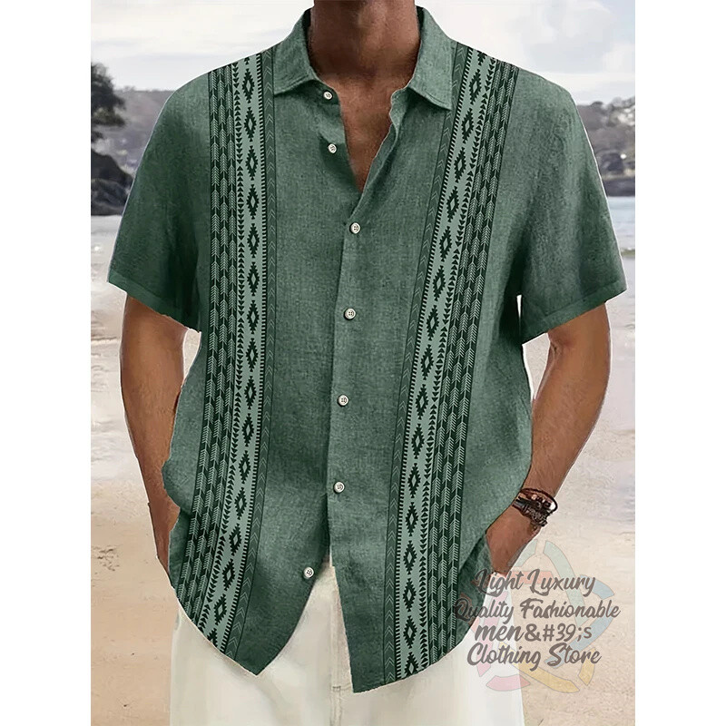 Vyriški marškiniai, lininiai vasaros laisvalaikio atostogos paplūdimyje, vyriški marškiniai trumpomis rankovėmis, madingi dryžuota rašto viršutinė trumparankovė