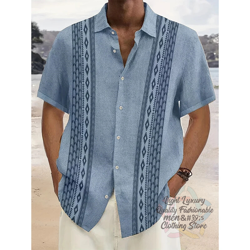 Vyriški marškiniai, lininiai vasaros laisvalaikio atostogos paplūdimyje, vyriški marškiniai trumpomis rankovėmis, madingi dryžuota rašto viršutinė trumparankovė