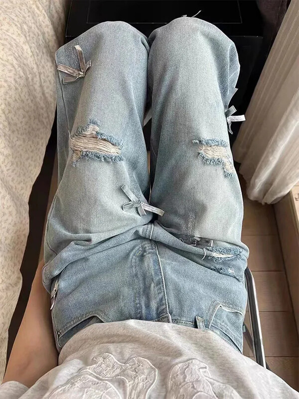 Sweet Girl Retro Bow 3D dizainas su perforuotais plačiomis džinsais pavasario ir vasaros plonu aukštu juosmeniu atsitiktinės tiesios grindų kelnės