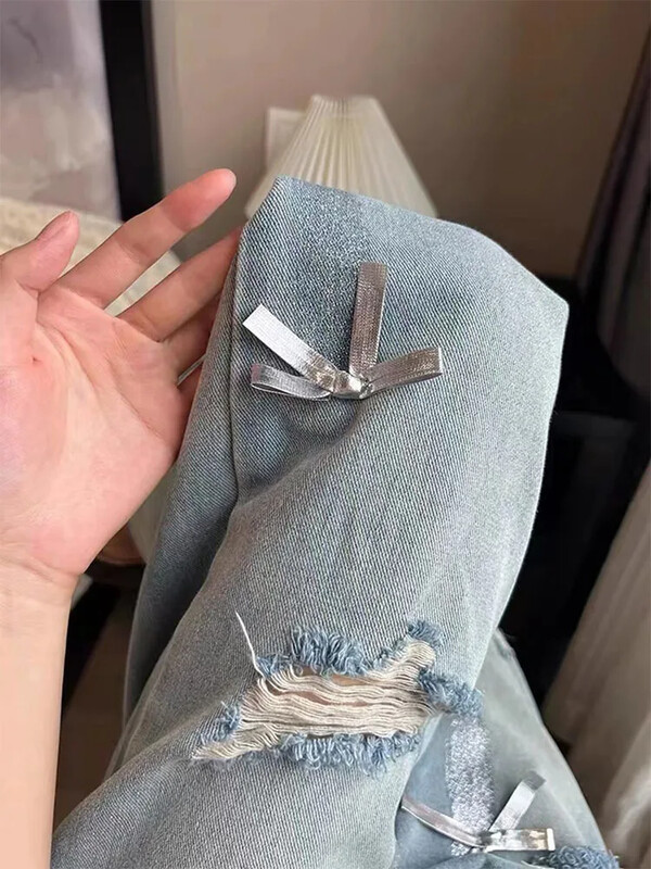 Sweet Girl Retro Bow 3D dizainas su perforuotais plačiomis džinsais pavasario ir vasaros plonu aukštu juosmeniu atsitiktinės tiesios grindų kelnės