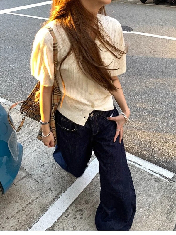 Sieviešu tumši zilas, brīvas, platas džinsi Iela Foršas meitenes bikses ar augstu vidukli, sieviešu ikdienas taisnas džinsa bikses