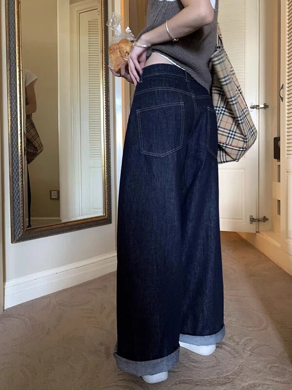 Sieviešu tumši zilas, brīvas, platas džinsi Iela Foršas meitenes bikses ar augstu vidukli, sieviešu ikdienas taisnas džinsa bikses