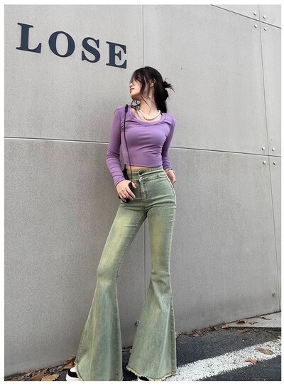 Retro aukštu juosmeniu platėjantys džinsai moterims 2024 m. ploni, liekninantys, elastingi Burr plačios kelnės su uodega madinga