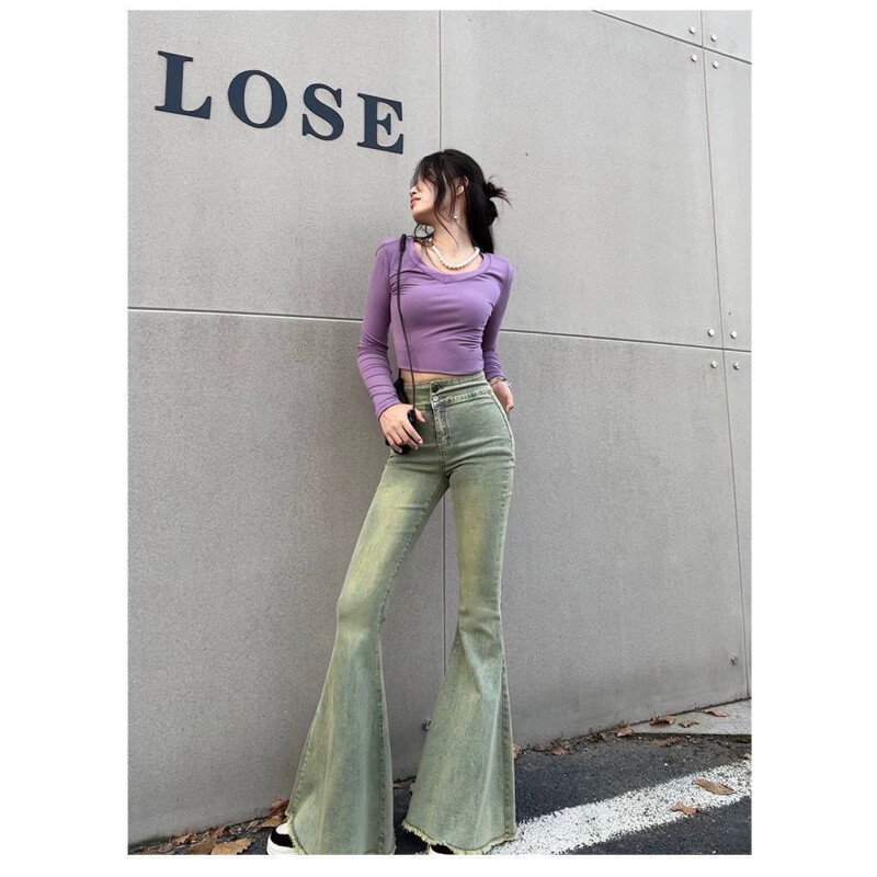 Retro aukštu juosmeniu platėjantys džinsai moterims 2024 m. ploni, liekninantys, elastingi Burr plačios kelnės su uodega madinga