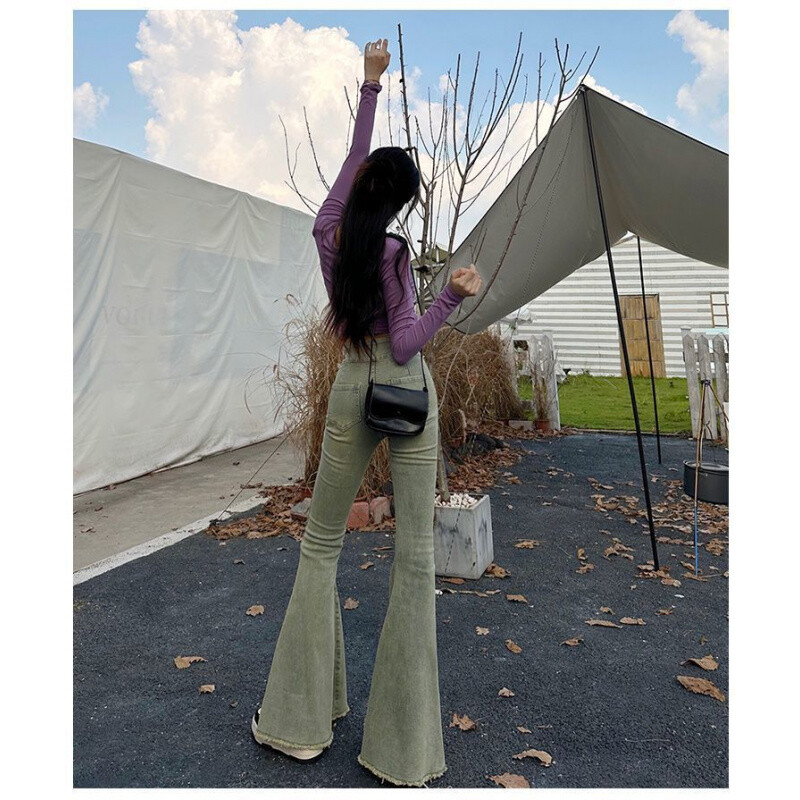 Retro aukštu juosmeniu platėjantys džinsai moterims 2024 m. ploni, liekninantys, elastingi Burr plačios kelnės su uodega madinga