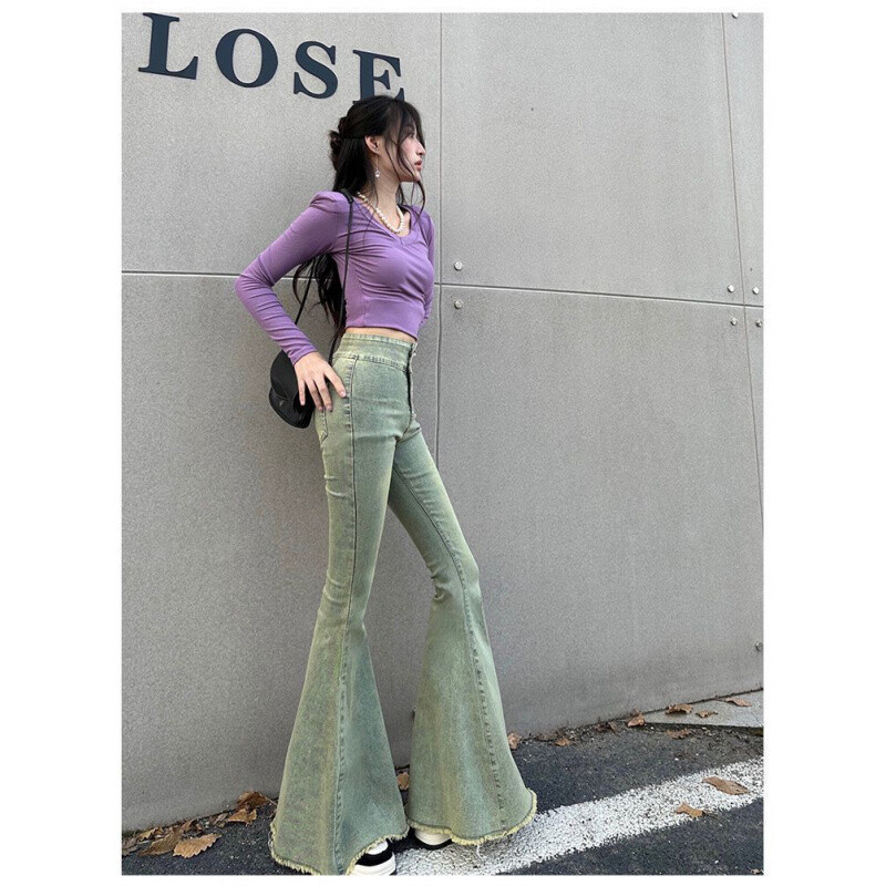 Retro aukštu juosmeniu platėjantys džinsai moterims 2024 m. ploni, liekninantys, elastingi Burr plačios kelnės su uodega madinga