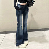 Női divat Szüret Sötétkék Flare Farmer Női Népszerű Alacsony derekú Harang alsó nadrág Lányok Stretch utcai viselet Farmer nadrág