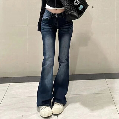 Női divat Szüret Sötétkék Flare Farmer Női Népszerű Alacsony derekú Harang alsó nadrág Lányok Stretch utcai viselet Farmer nadrág