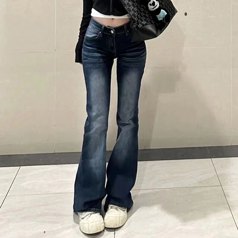 Női divat Szüret Sötétkék Flare Farmer Női Népszerű Alacsony derekú Harang alsó nadrág Lányok Stretch utcai viselet Farmer nadrág