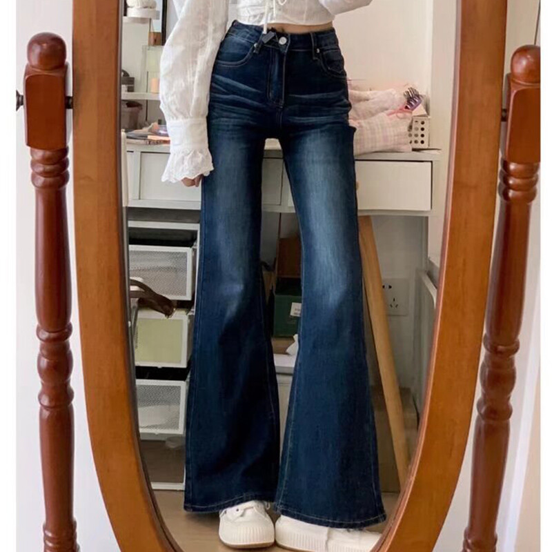 Női divat Szüret Sötétkék Flare Farmer Női Népszerű Alacsony derekú Harang alsó nadrág Lányok Stretch utcai viselet Farmer nadrág