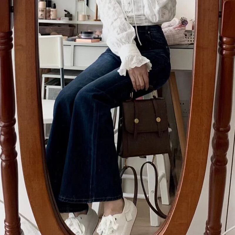 Női divat Szüret Sötétkék Flare Farmer Női Népszerű Alacsony derekú Harang alsó nadrág Lányok Stretch utcai viselet Farmer nadrág