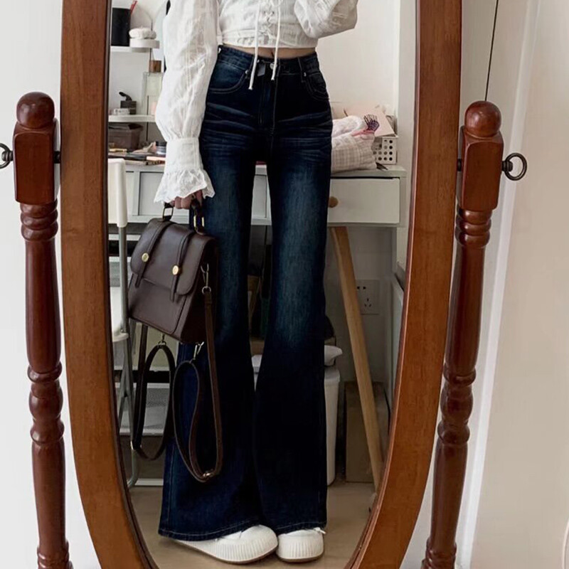 Női divat Szüret Sötétkék Flare Farmer Női Népszerű Alacsony derekú Harang alsó nadrág Lányok Stretch utcai viselet Farmer nadrág
