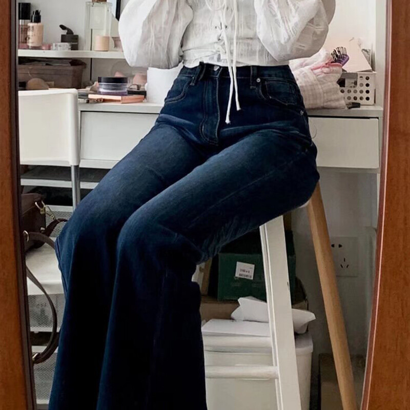 Női divat Szüret Sötétkék Flare Farmer Női Népszerű Alacsony derekú Harang alsó nadrág Lányok Stretch utcai viselet Farmer nadrág