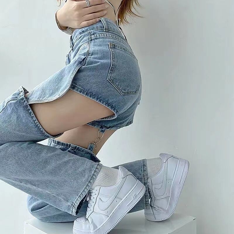 Aukštos gatvės tiesūs netikri du plėšyti džinsai vasariniai moteriški mėlyni skalbti užtrauktukai, nuimami madingi aukštu juosmeniu plonos laisvos džinsinės kelnės