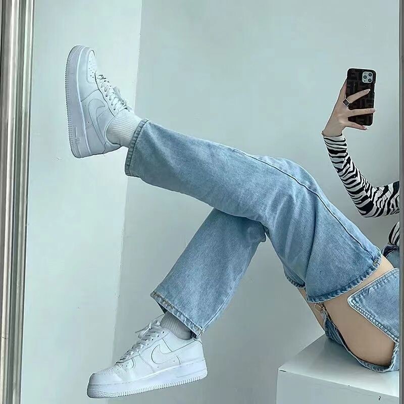 Aukštos gatvės tiesūs netikri du plėšyti džinsai vasariniai moteriški mėlyni skalbti užtrauktukai, nuimami madingi aukštu juosmeniu plonos laisvos džinsinės kelnės