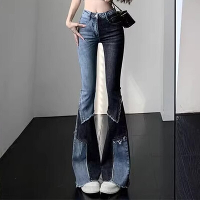 Női Kontraszt Patchwork Kiszélesedő Farmer Női Stretch magas derekú Vékony csizma szabású nadrág Mujer Fashion Farmer nadrág Méret S-2XL