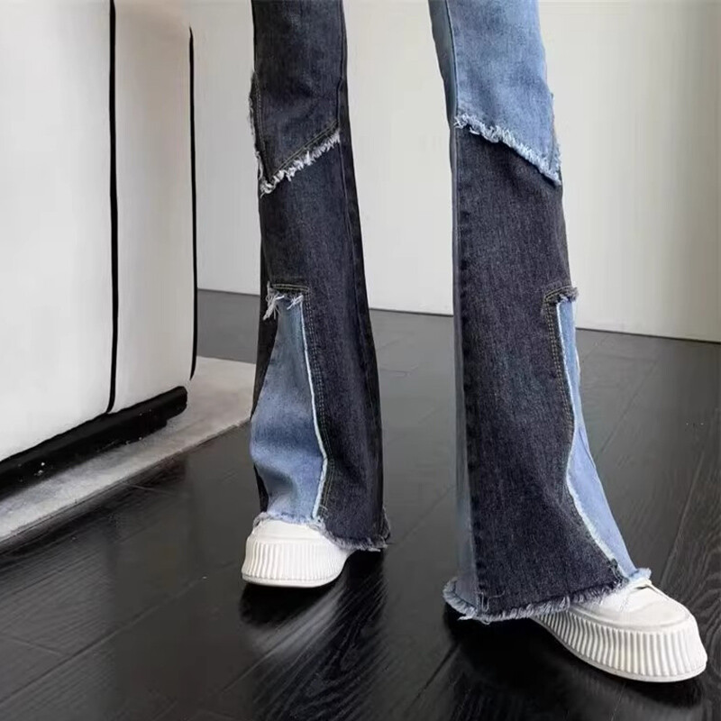 Női Kontraszt Patchwork Kiszélesedő Farmer Női Stretch magas derekú Vékony csizma szabású nadrág Mujer Fashion Farmer nadrág Méret S-2XL