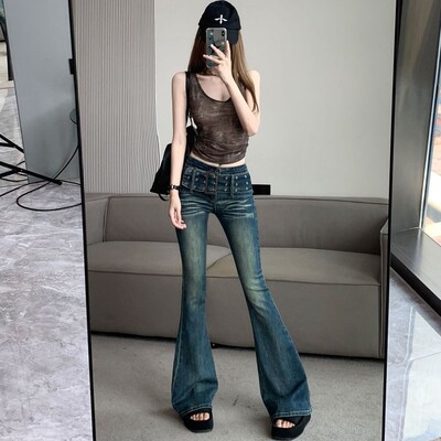 Slim Fit sieviešu džinsi ar uzplaiksnījumu, šauri zilas kovboju bikses sievietēm ar zemu vidukli vairumtirdzniecība estētiskas bikses ar apakšu