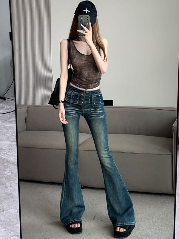 Slim Fit sieviešu džinsi ar uzplaiksnījumu, šauri zilas kovboju bikses sievietēm ar zemu vidukli vairumtirdzniecība estētiskas bikses ar apakšu