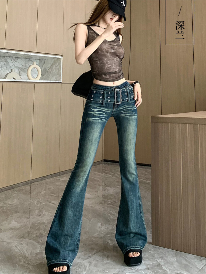 Slim Fit sieviešu džinsi ar uzplaiksnījumu, šauri zilas kovboju bikses sievietēm ar zemu vidukli vairumtirdzniecība estētiskas bikses ar apakšu