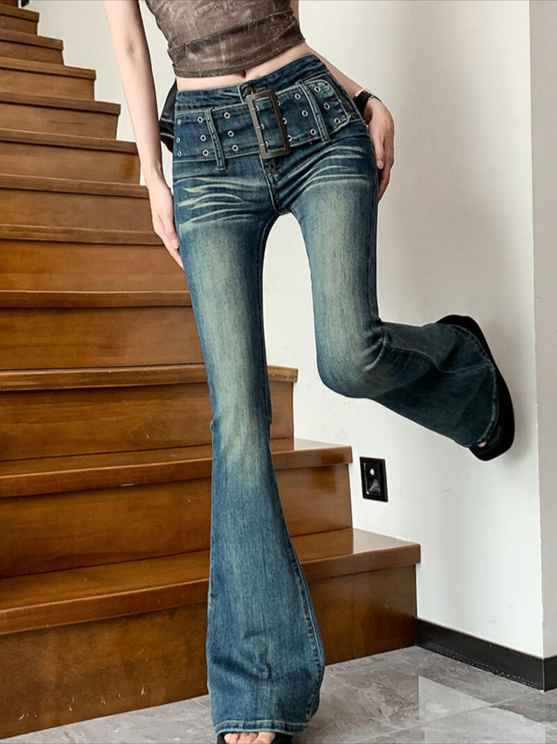 Slim Fit sieviešu džinsi ar uzplaiksnījumu, šauri zilas kovboju bikses sievietēm ar zemu vidukli vairumtirdzniecība estētiskas bikses ar apakšu