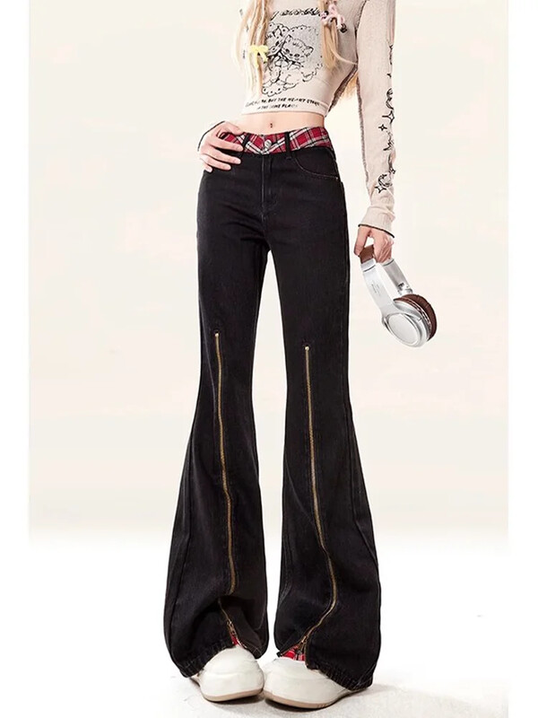 Vintažiniai languoti, platėjantys džinsai, moteriški aukštu juosmeniu liekninantys tiesias džinsines kelnes, 2000 m., nešvarios kelnės