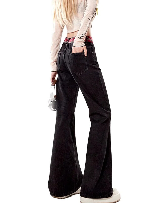 Vintažiniai languoti, platėjantys džinsai, moteriški aukštu juosmeniu liekninantys tiesias džinsines kelnes, 2000 m., nešvarios kelnės