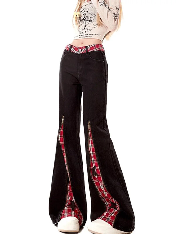 Vintažiniai languoti, platėjantys džinsai, moteriški aukštu juosmeniu liekninantys tiesias džinsines kelnes, 2000 m., nešvarios kelnės