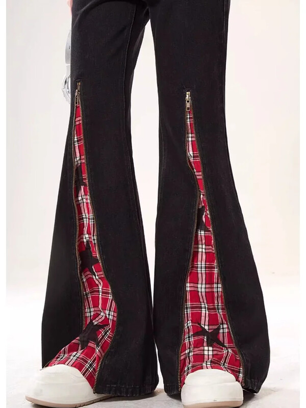 Vintažiniai languoti, platėjantys džinsai, moteriški aukštu juosmeniu liekninantys tiesias džinsines kelnes, 2000 m., nešvarios kelnės