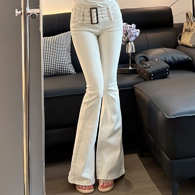 Išpardavimas kaubojiškos kelnės moterims aukštu juosmeniu, baltos spalvos moteriškos džinsinės kelnės.