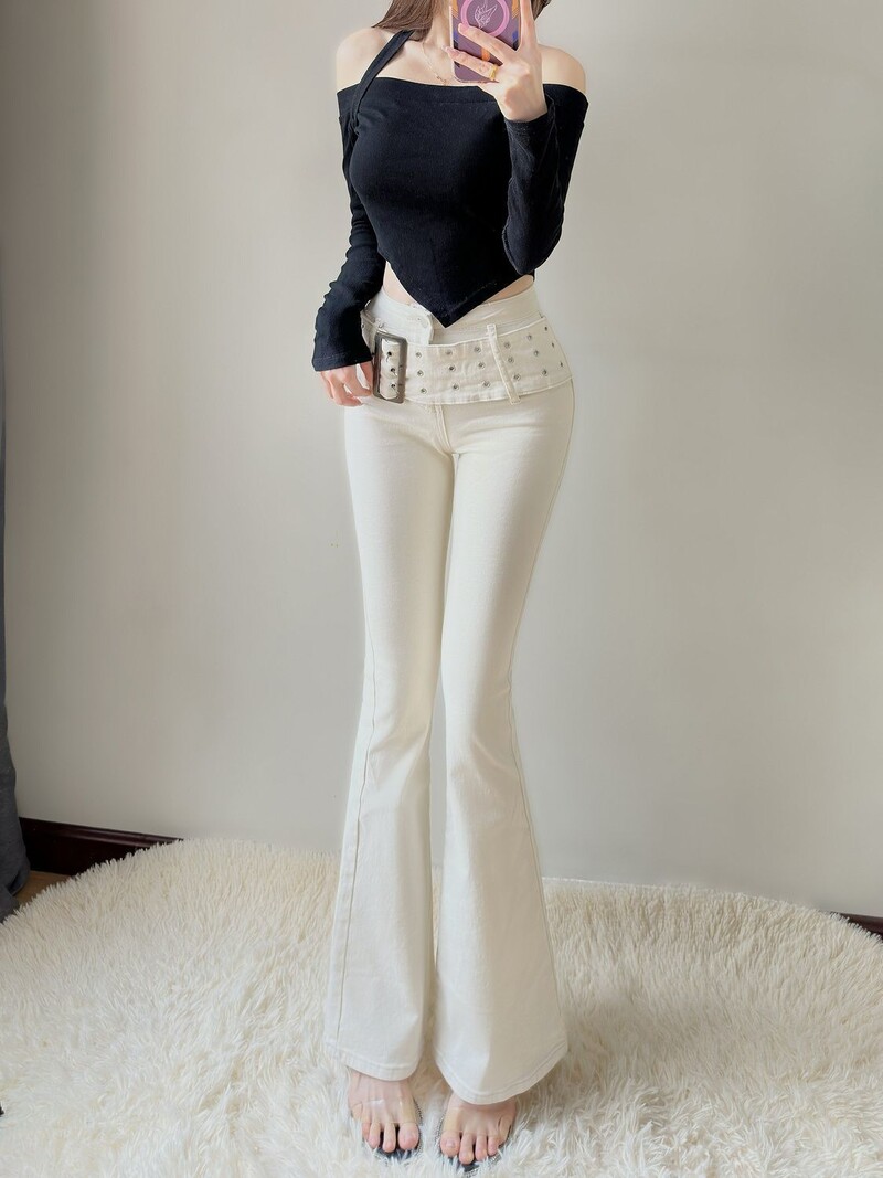 Išpardavimas kaubojiškos kelnės moterims aukštu juosmeniu, baltos spalvos moteriškos džinsinės kelnės.