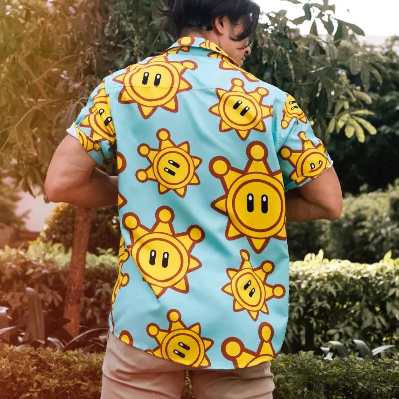 Meeste Jaapani vabaajasärk Suveriided Shine Sprite Mario Bros Sunshine Button Up Hawaii särk