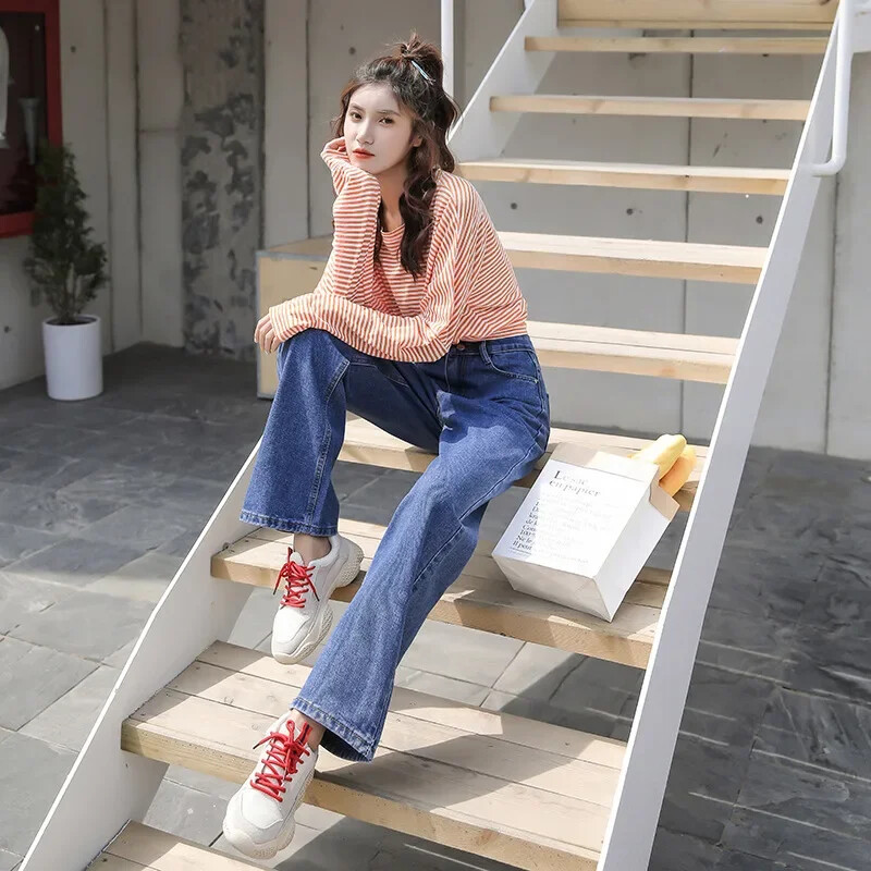 Uued 2024. aasta kevadsügised naiste teksad, avara koonusega korea stiilis kõrge vöökohaga salendav laia säärega, sirge jalaga lohistav