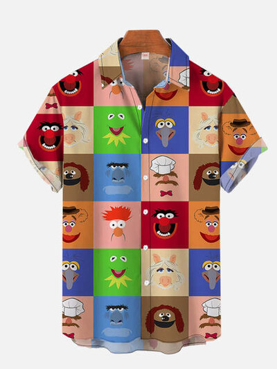 Animacinių filmų personažai Vasaros klasikinio stiliaus kratinys Retro Havajų marškinėliai Spalvoti geometriniai spalvoti spaudiniai Trumpa gėlių palaidinė